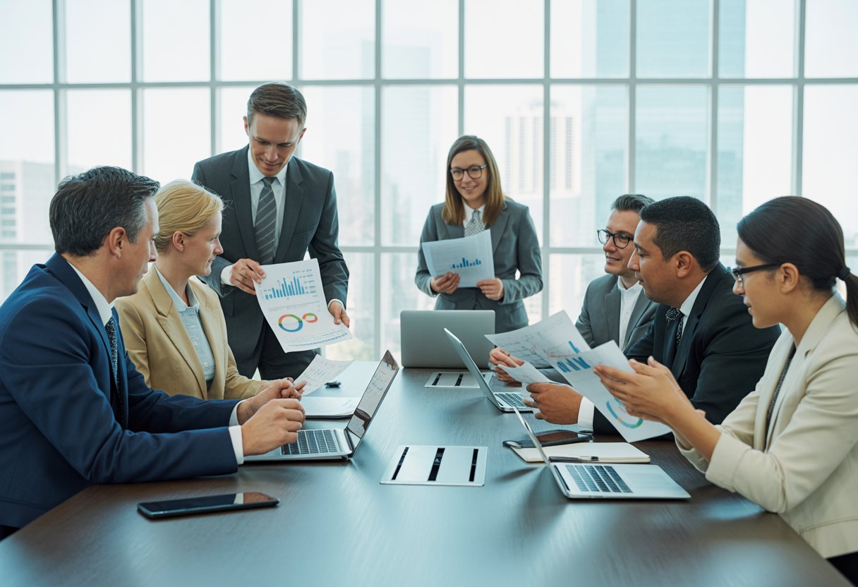 Wanneer is een aandeelhoudersovereenkomst écht toekomstproof? Volledig overzicht 2 Een groep zakelijke professionals bespreekt documenten en laptops aan een vergadertafel in een modern kantoor met uitzicht op de stad.