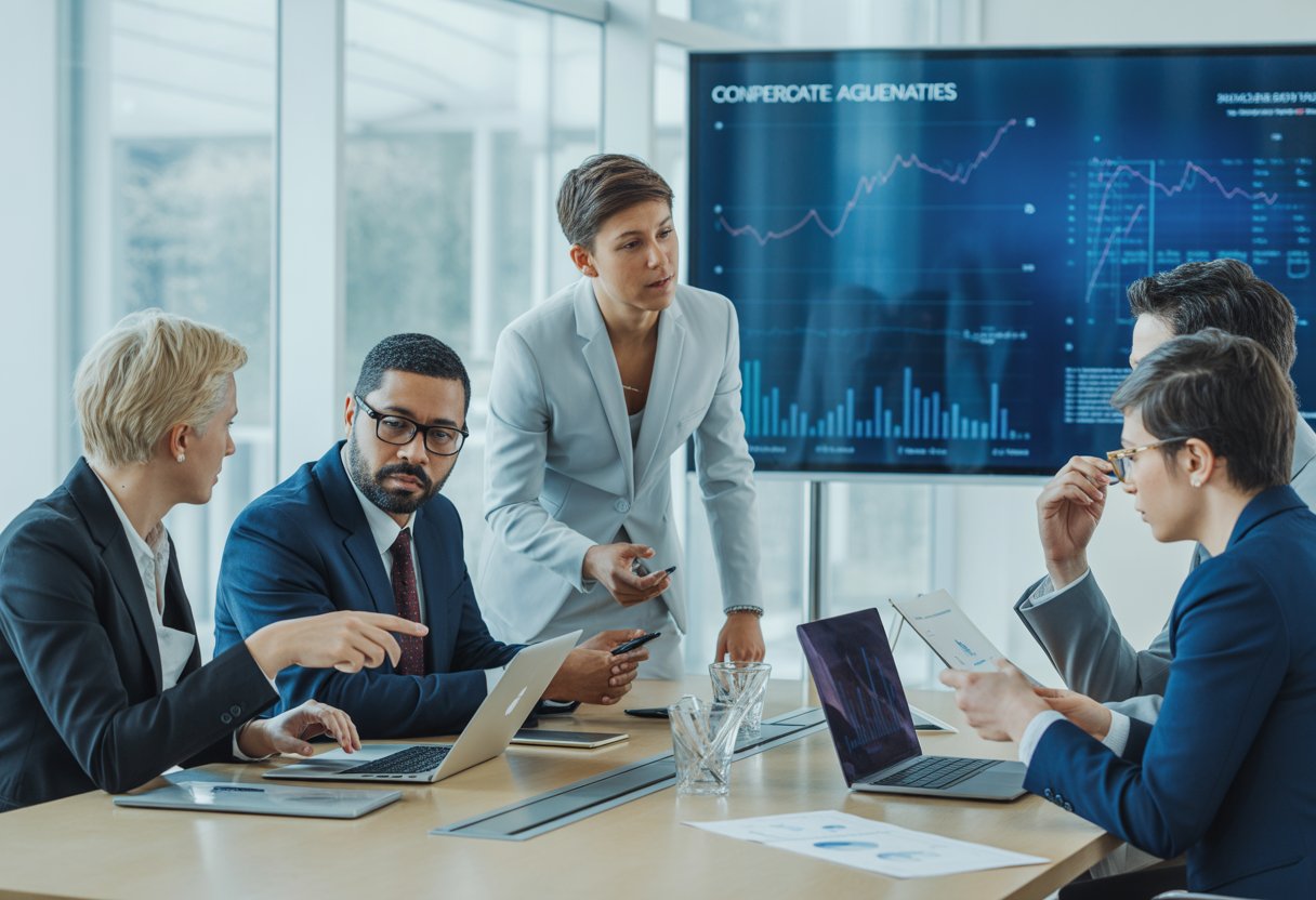 Wanneer is een aandeelhoudersovereenkomst écht toekomstproof? Volledig overzicht 3 Een groep zakelijke professionals bespreekt documenten en laptops aan een vergadertafel in een modern kantoor.