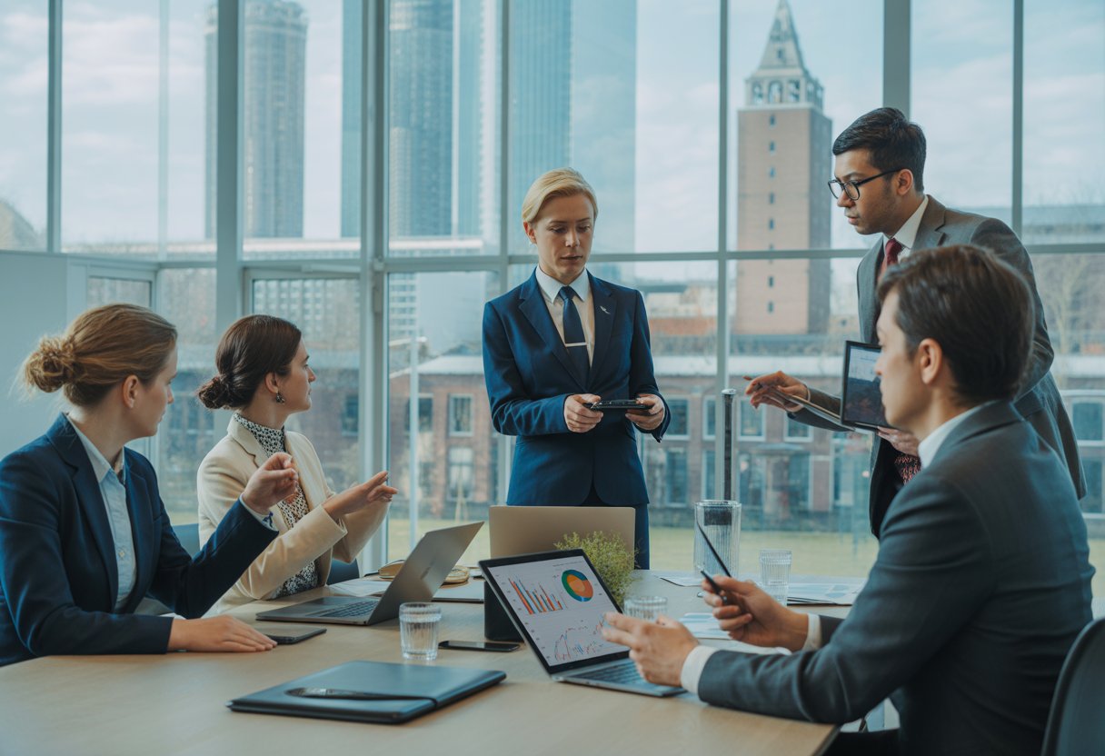 Een groep zakelijke professionals bespreekt documenten en data in een moderne kantooromgeving met uitzicht op de Amsterdamse stad.