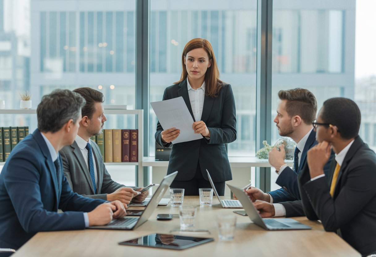Een groep zakelijke professionals in een kantoor bespreekt documenten aan een vergadertafel.