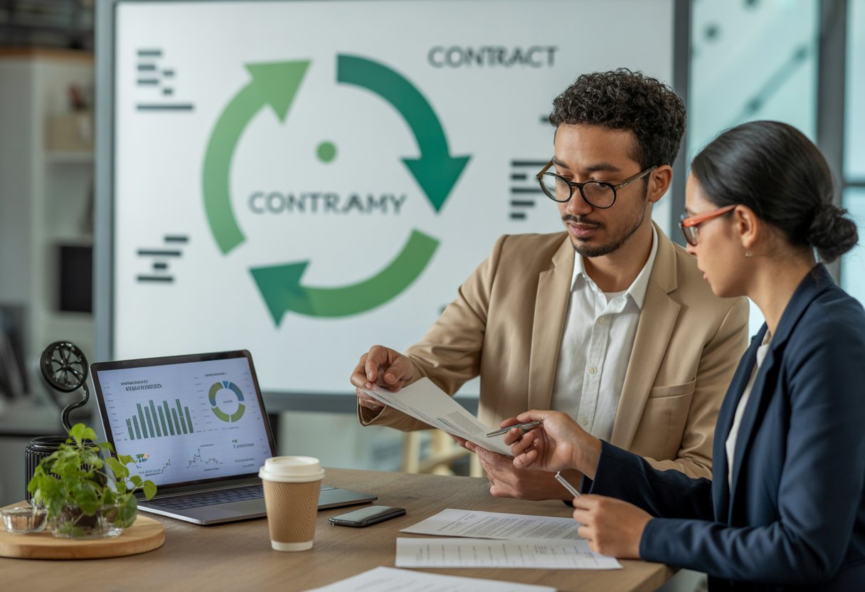 Twee zakelijke professionals bespreken contracten in een moderne kantooromgeving met duurzame symbolen op de achtergrond.