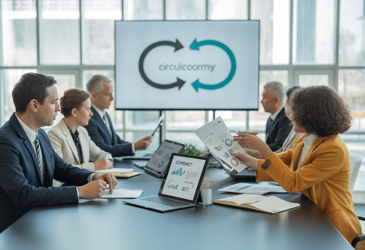 Zakelijke professionals in een moderne vergaderruimte werken samen aan contracten met symbolen van circulaire economie op een scherm.