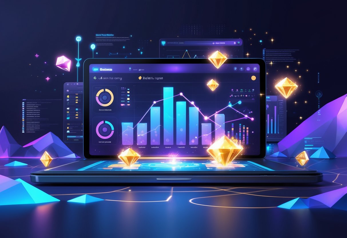 Ilustrasi profesional yang menampilkan grafik, pola data, dan ikon permata yang bersinar, menggambarkan analisis dan strategi dalam permainan Genie’s Gem Bonanza™.