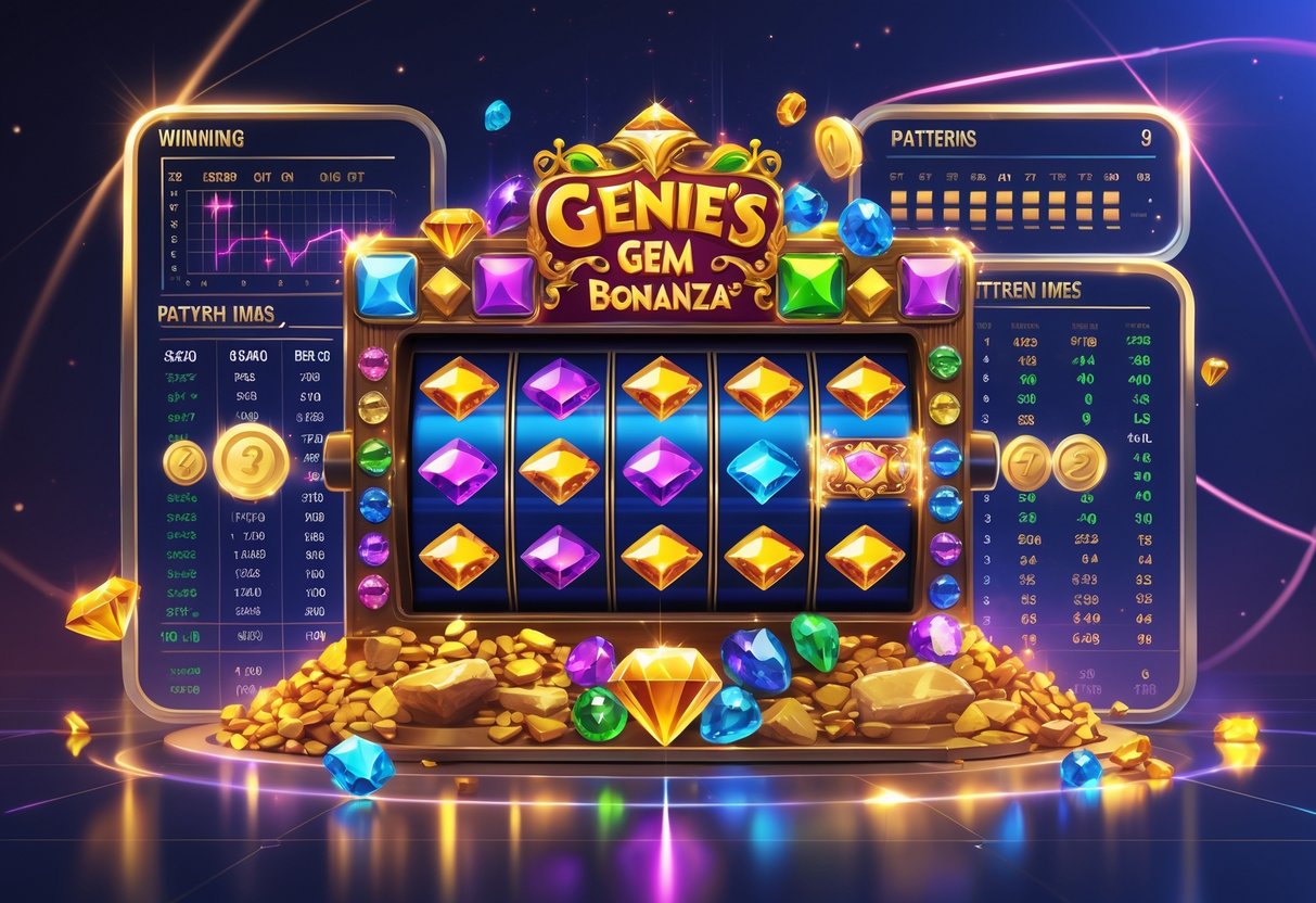 Ilustrasi mesin slot berwarna cerah dengan permata berkilau dan grafik pola serta data yang menunjukkan analisis permainan Genie’s Gem Bonanza™.