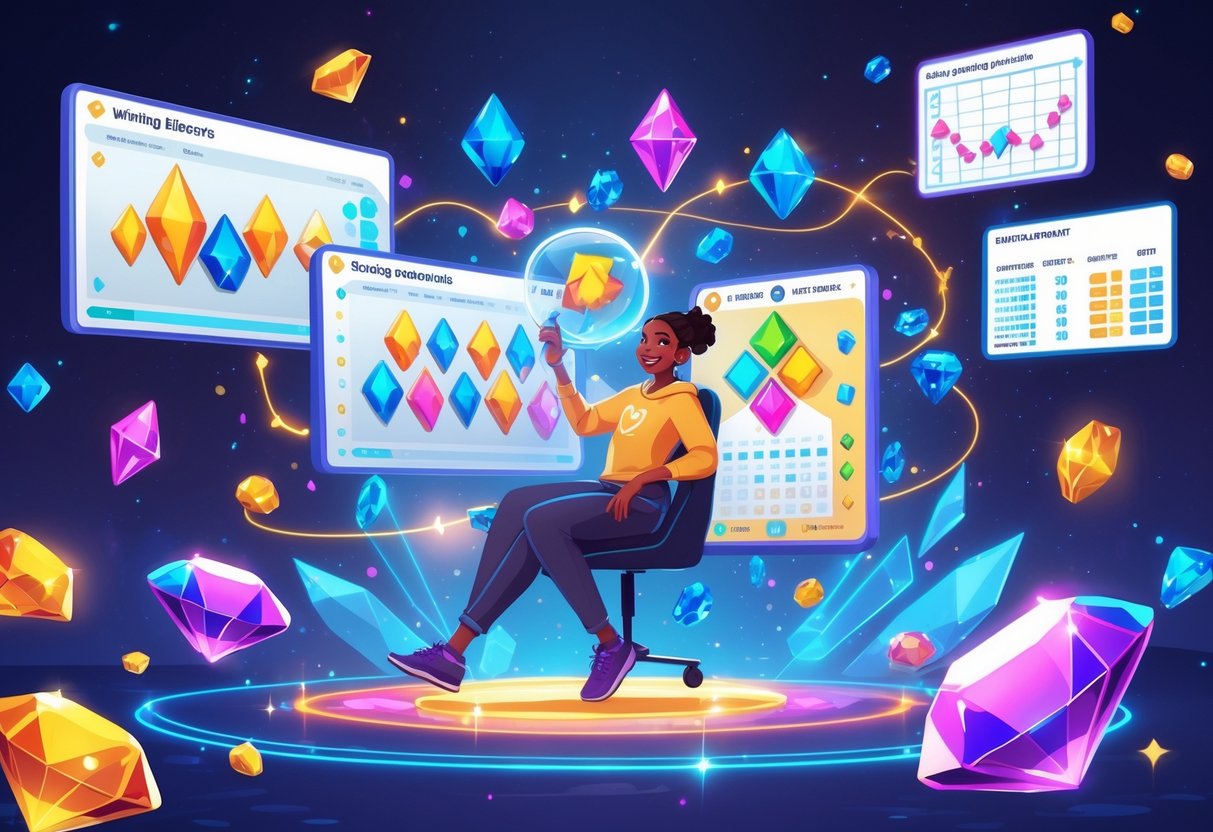 Seorang pemain sedang menganalisis pola dan data permata berwarna-warni di sekitar mereka untuk meningkatkan peluang menang dalam permainan.