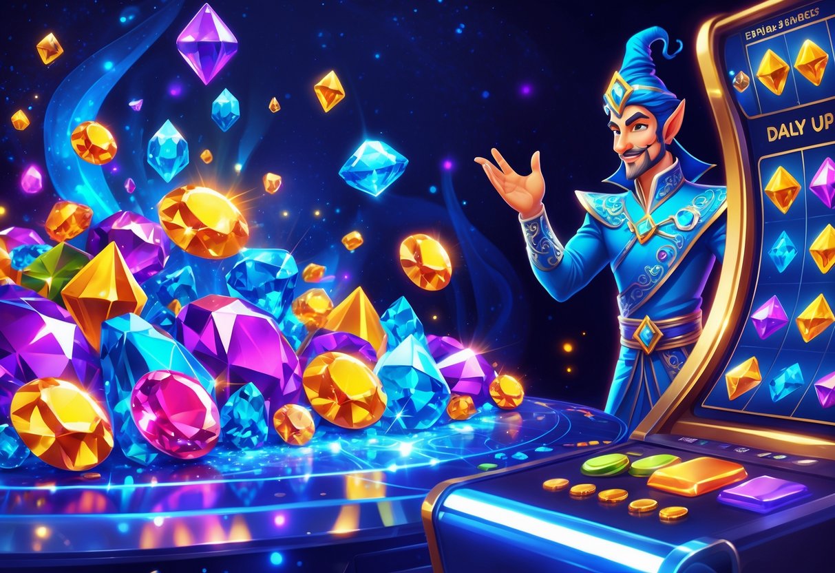 Ilustrasi profesional yang menampilkan tumpukan permata berwarna-warni dengan sosok jin yang ramah di latar belakang dan mesin slot yang berputar.