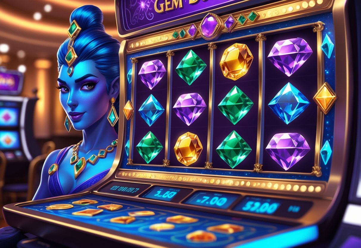 Ilustrasi mesin slot bertema permata dengan jin ajaib dan berbagai permata berkilauan di sekitarnya, menunjukkan suasana permainan kasino yang penuh warna dan energi.