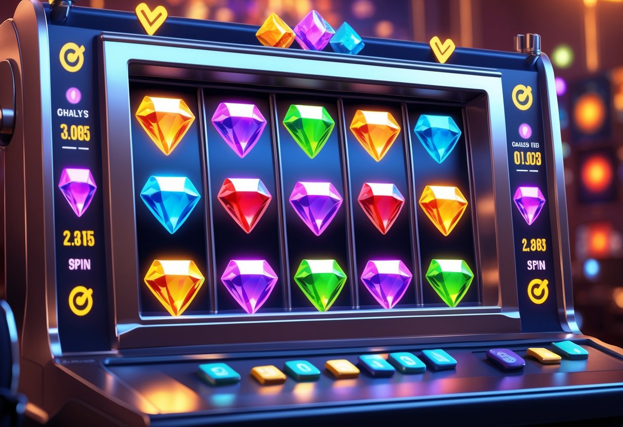 Sebuah mesin slot dengan permata berwarna-warni berputar dan elemen grafik yang menunjukkan pola putaran dan pembaruan harian.