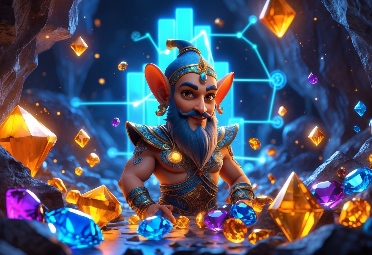 Ilustrasi seorang jin ramah dikelilingi permata berwarna-warni dengan grafik data mengambang di latar belakang dalam gua harta karun yang bercahaya.