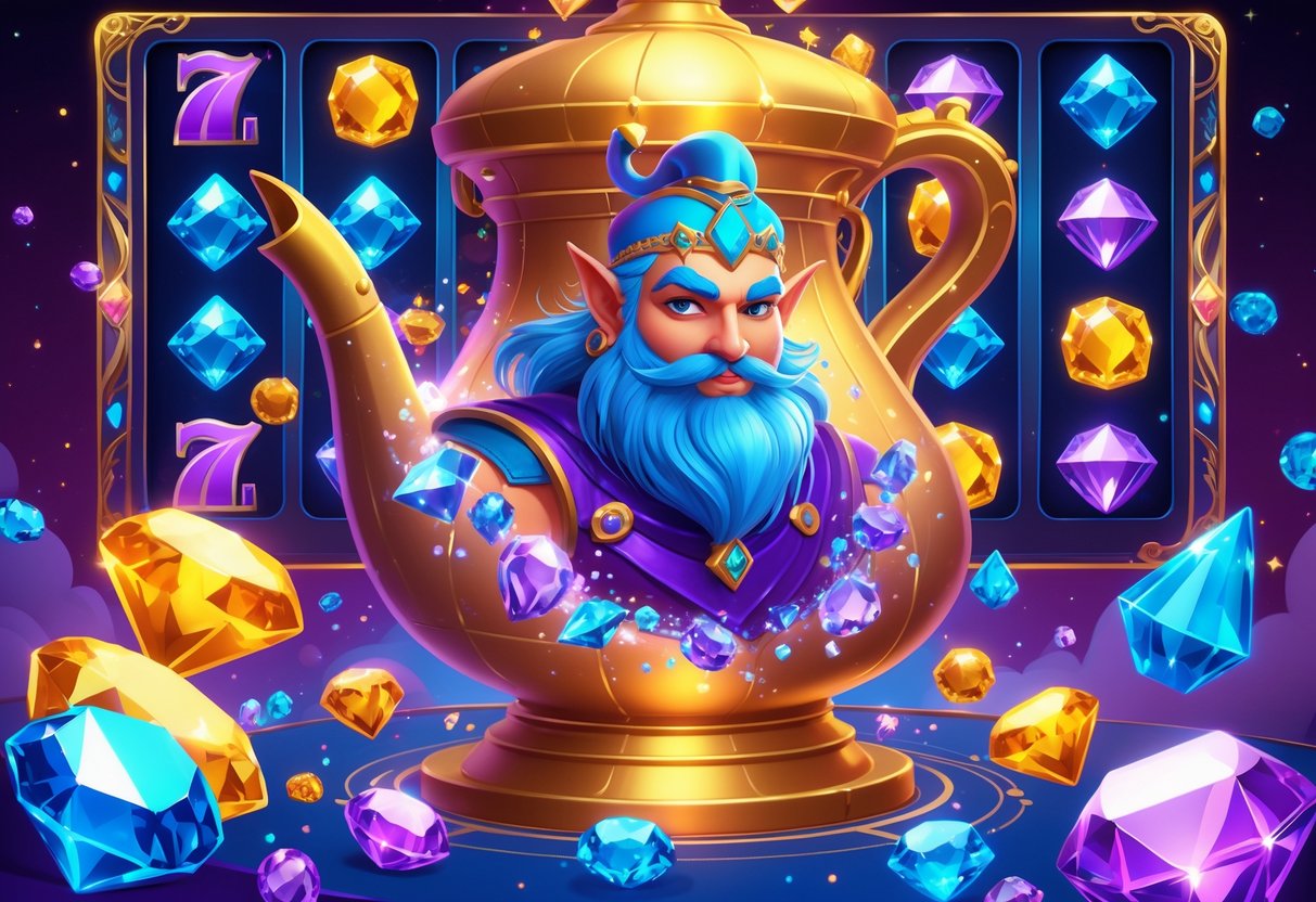 Ilustrasi seorang jin muncul dari lampu ajaib dikelilingi oleh permata berwarna-warni dan mesin slot dengan simbol permata serta elemen grafik data di latar belakang.