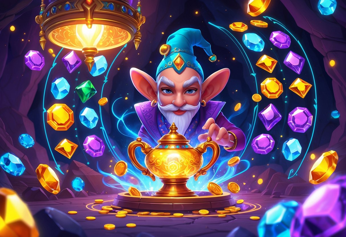 Ilustrasi seorang jin muncul dari lampu ajaib di tengah permata berkilauan dengan simbol mesin slot dan energi magis di latar belakang.