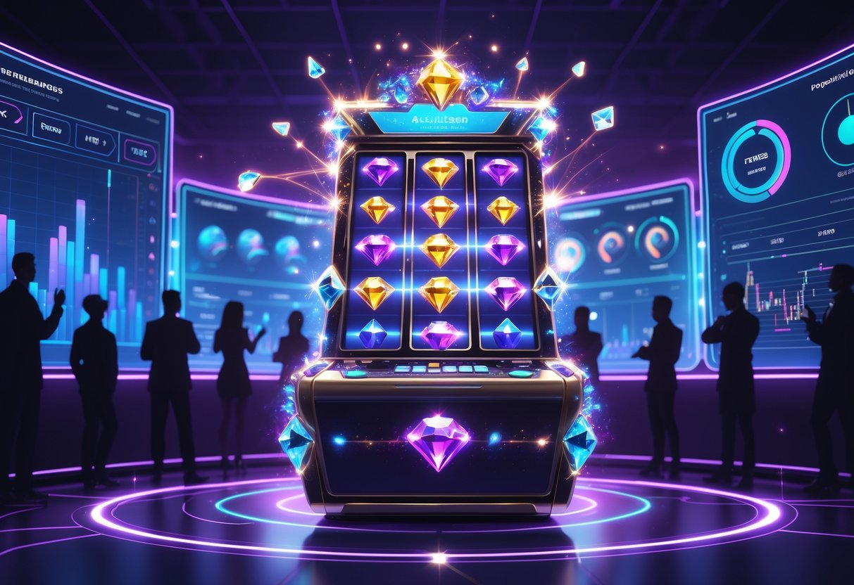Ilustrasi mesin slot bertema permata dengan cahaya gemerlap dan grafik data holografik di sekitarnya, serta siluet pemain yang memperhatikan dengan antusias.