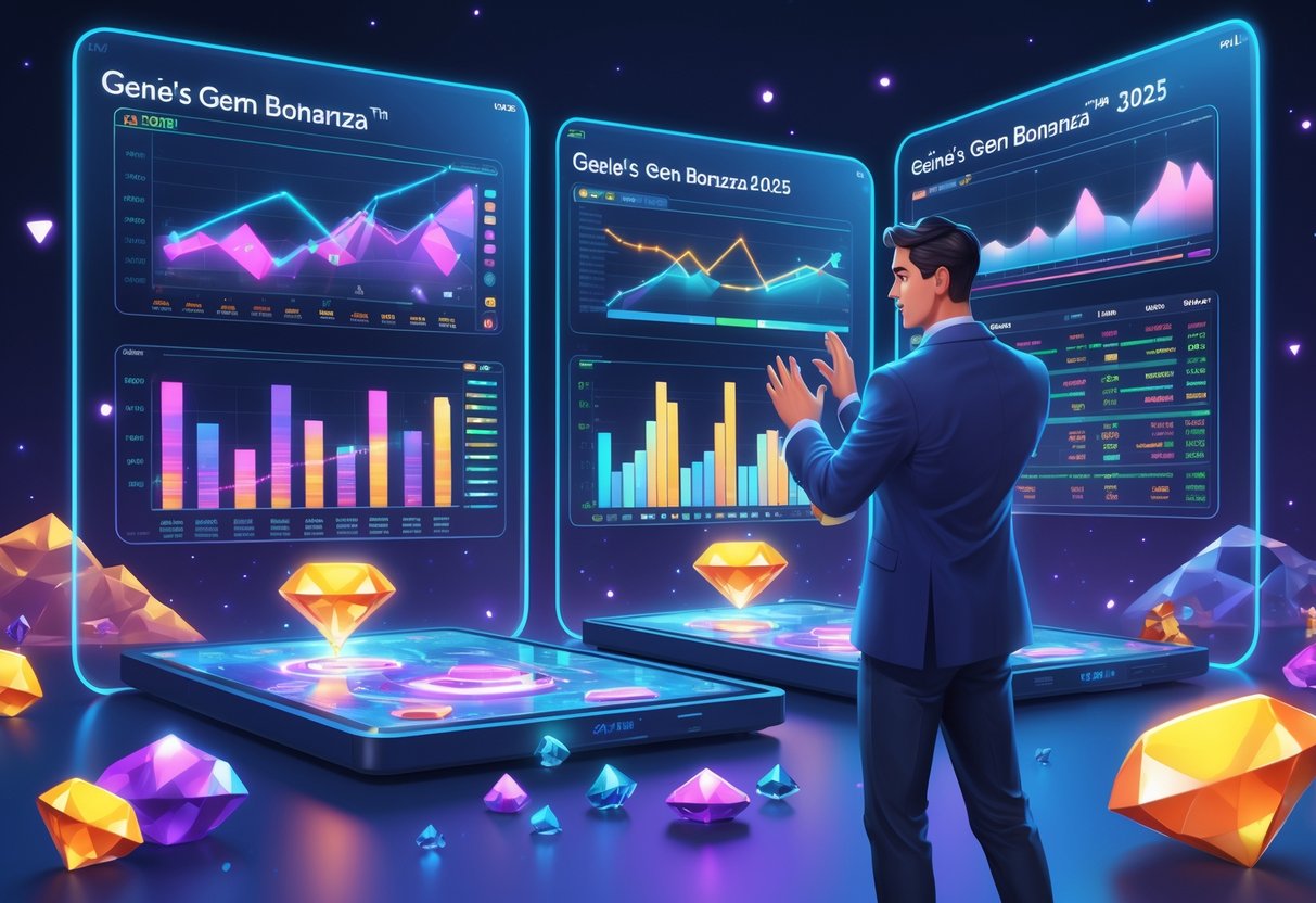 Seorang analis sedang bekerja dengan layar digital yang menampilkan grafik dan data tentang pola kemenangan dan statistik pemain dalam permainan slot bertema permata dan jin.