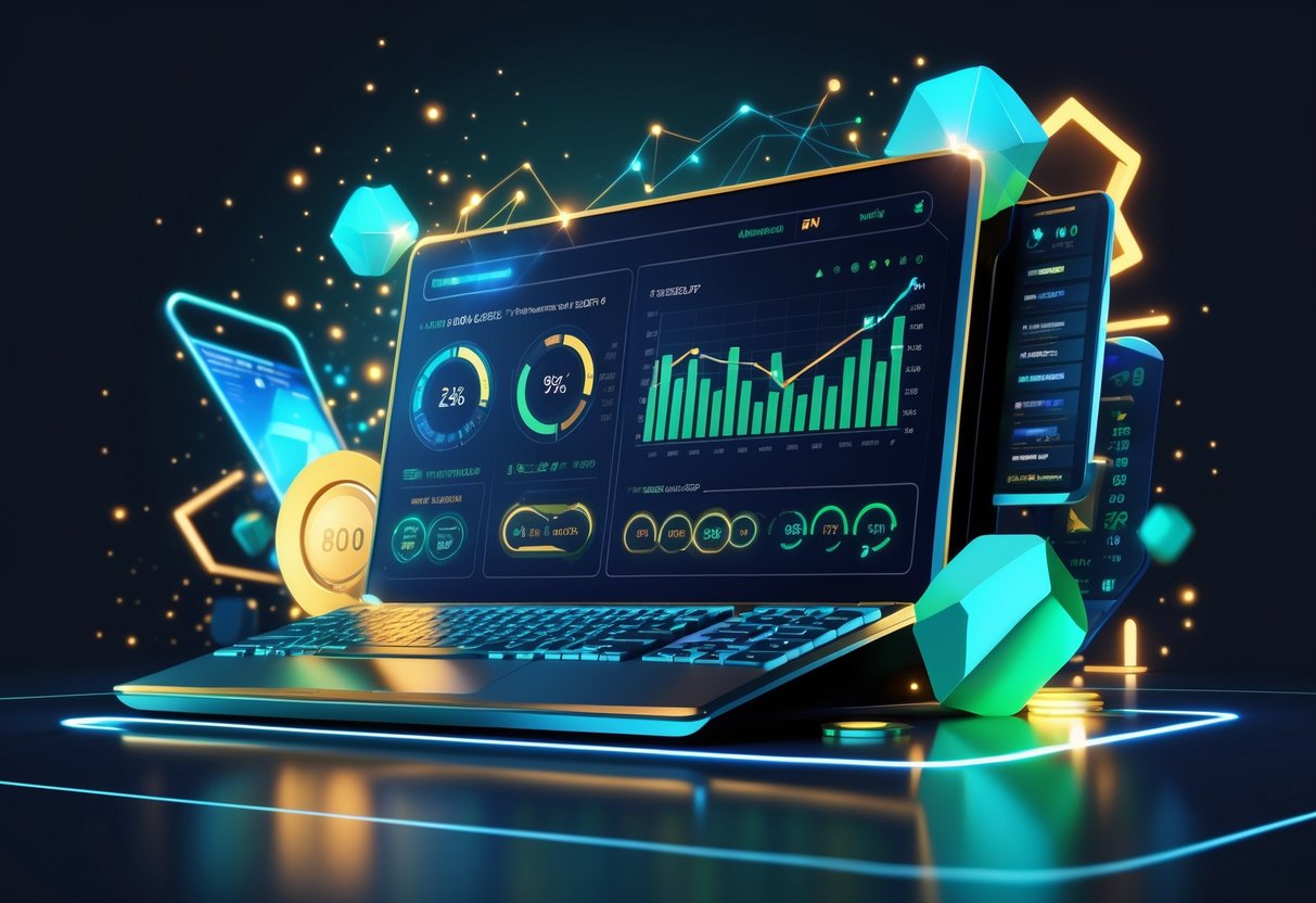 Ilustrasi profesional menampilkan dashboard data dengan grafik dan angka yang menggambarkan analisis pemain dan pola kemenangan dalam suasana kasino futuristik.