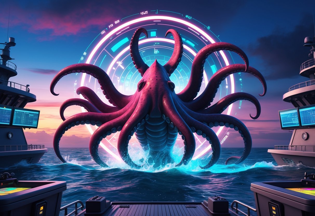 Seekor Kraken besar dengan tentakel yang muncul dari laut di dekat kapal modern dengan layar digital yang menampilkan data dan pola permainan.