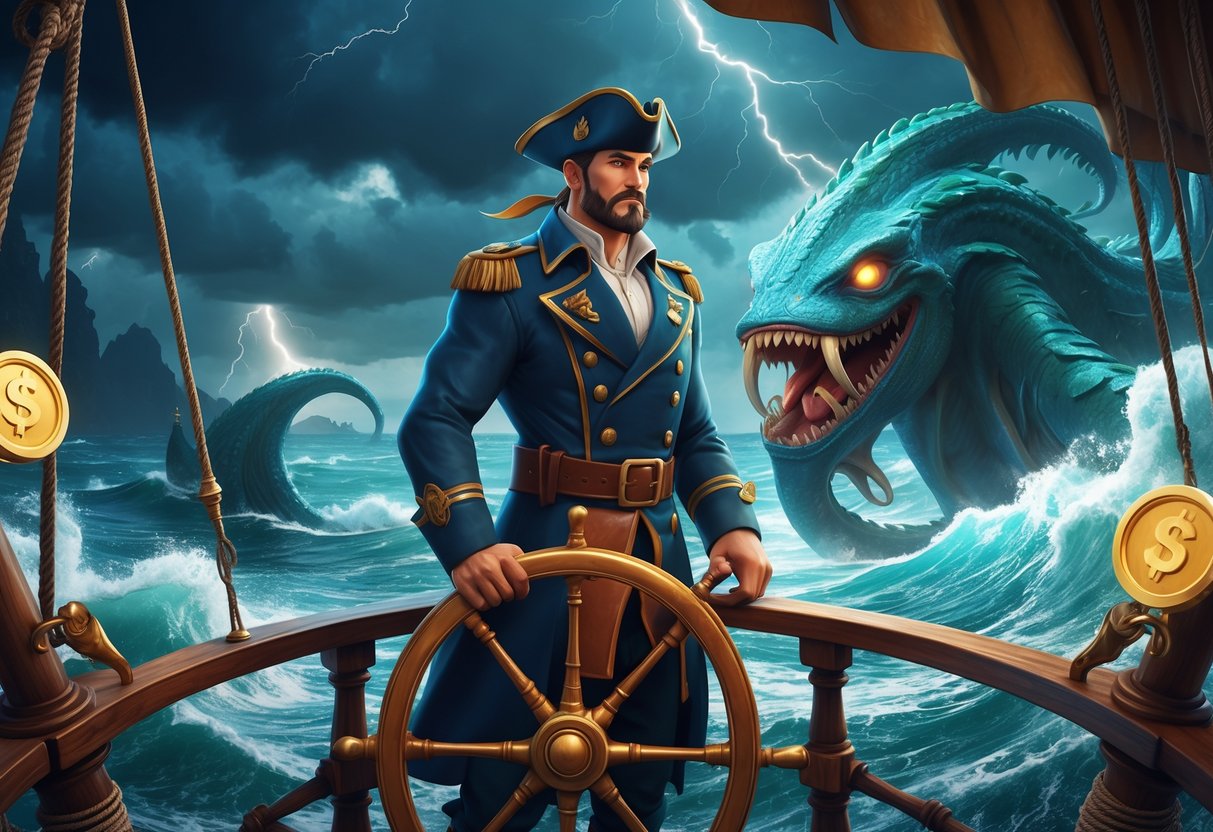 Seorang kapten laut berdiri di dek kapal kayu besar dengan latar belakang gurita raksasa yang muncul dari ombak badai.