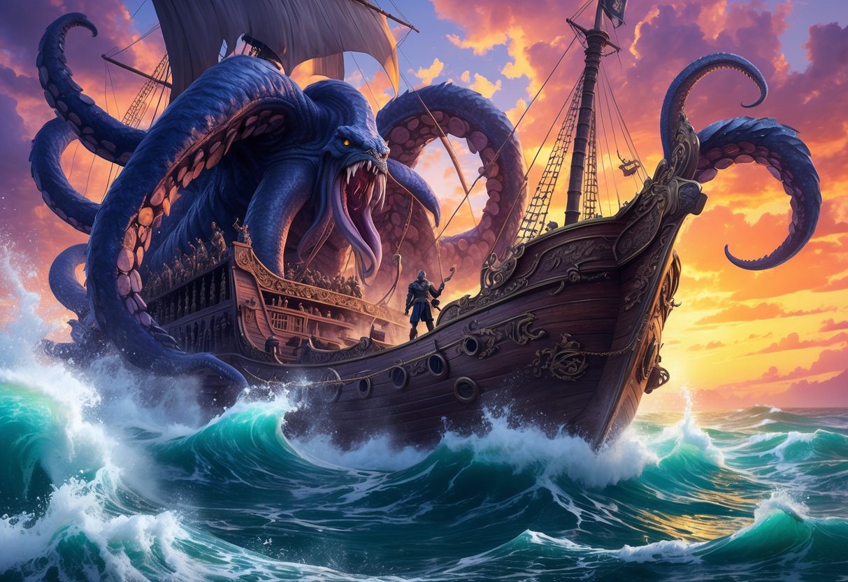 Seekor kraken besar muncul dari ombak laut yang bergelora, dengan tentakel melilit sebuah kapal bajak laut kuno di bawah langit senja yang dramatis.