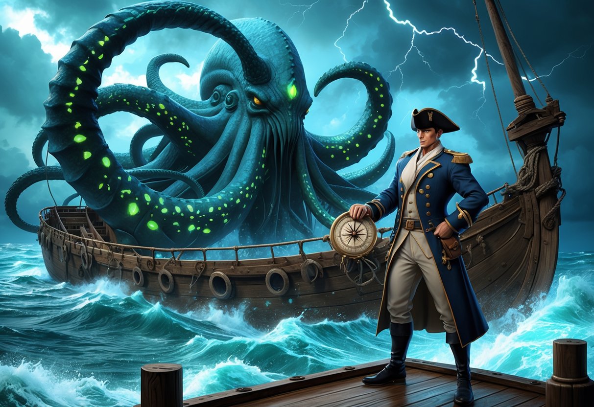 Seorang kapten berdiri di dek kapal yang dikelilingi oleh gurita raksasa dengan tentakel besar di tengah lautan bergelombang saat badai terjadi.