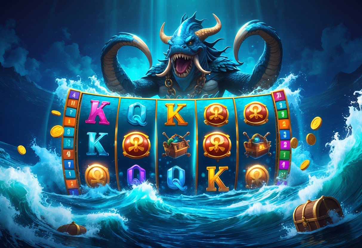 Ilustrasi Kraken besar muncul dari ombak laut dengan gulungan permainan penuh simbol harta karun dan elemen kemenangan yang berkilau.