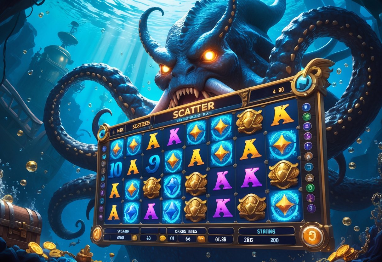 Ilustrasi bawah laut yang menampilkan seekor kraken besar dengan tentakel melingkari gulungan slot berisi simbol scatter yang berwarna-warni.