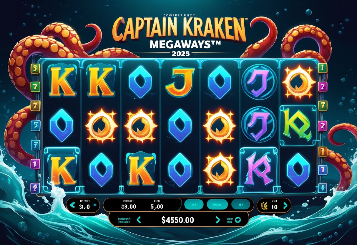 Ilustrasi mesin slot dengan gambar gurita besar dan simbol scatter yang menyala di latar laut dalam.