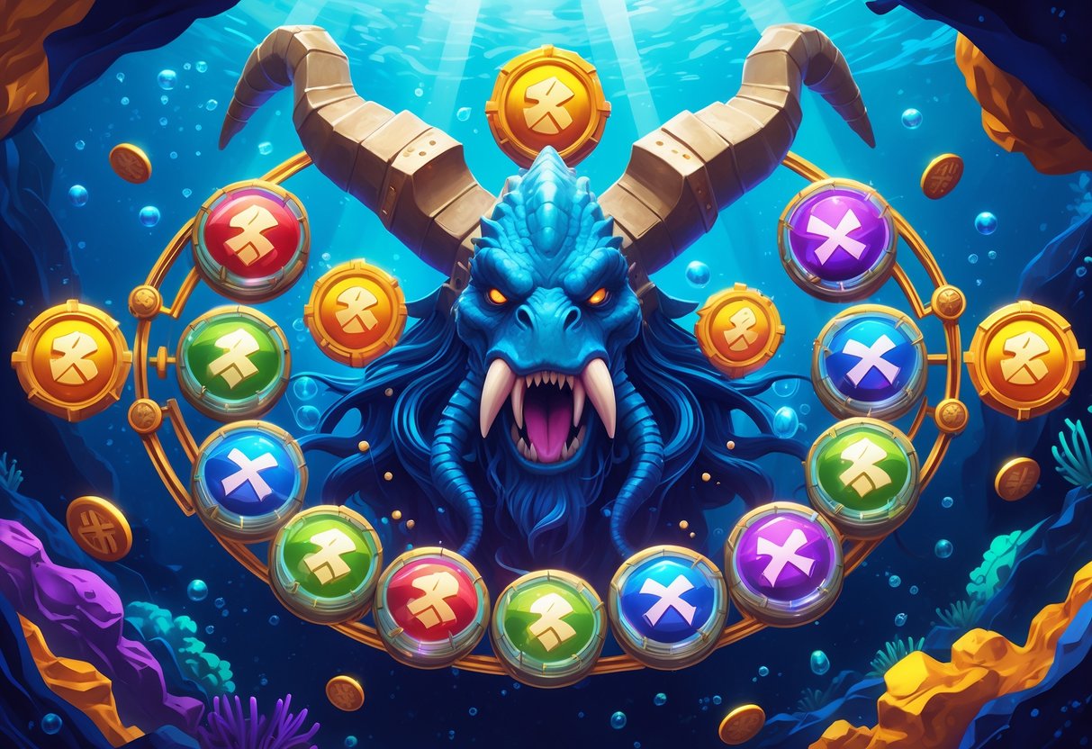 Ilustrasi bawah laut dengan karakter kraken besar di tengah dan gulungan mesin slot yang menampilkan simbol scatter berwarna-warni, menggambarkan strategi kombinasi pola putaran untuk memperbanyak scatter.