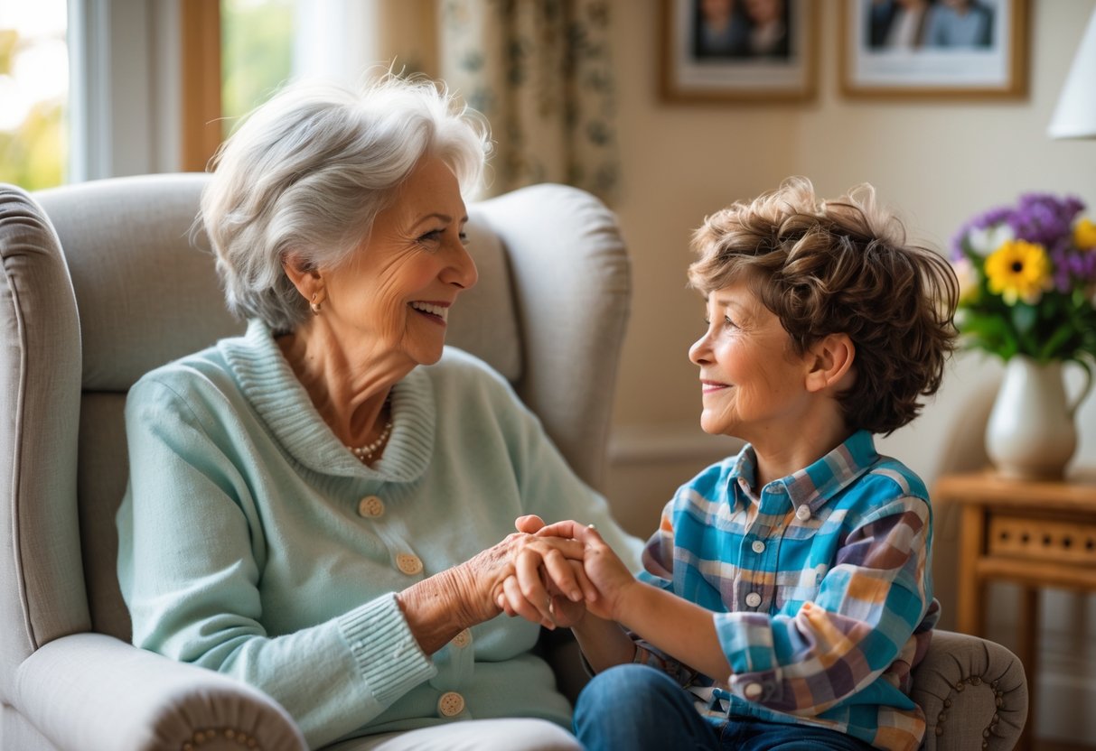 A grandmother and her young grandson holding hands and smiling at each other in a cozy living room.