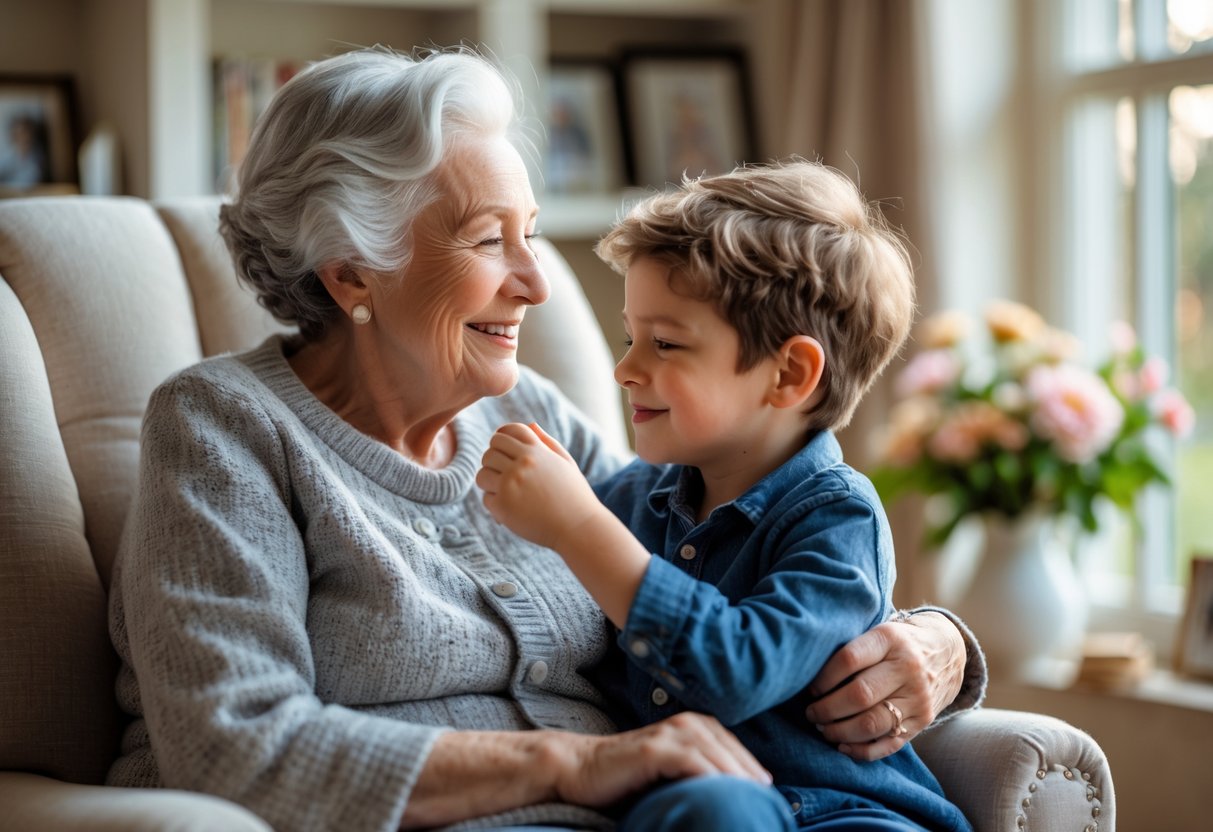 A grandmother and her young grandson sharing a loving embrace in a cozy living room.
