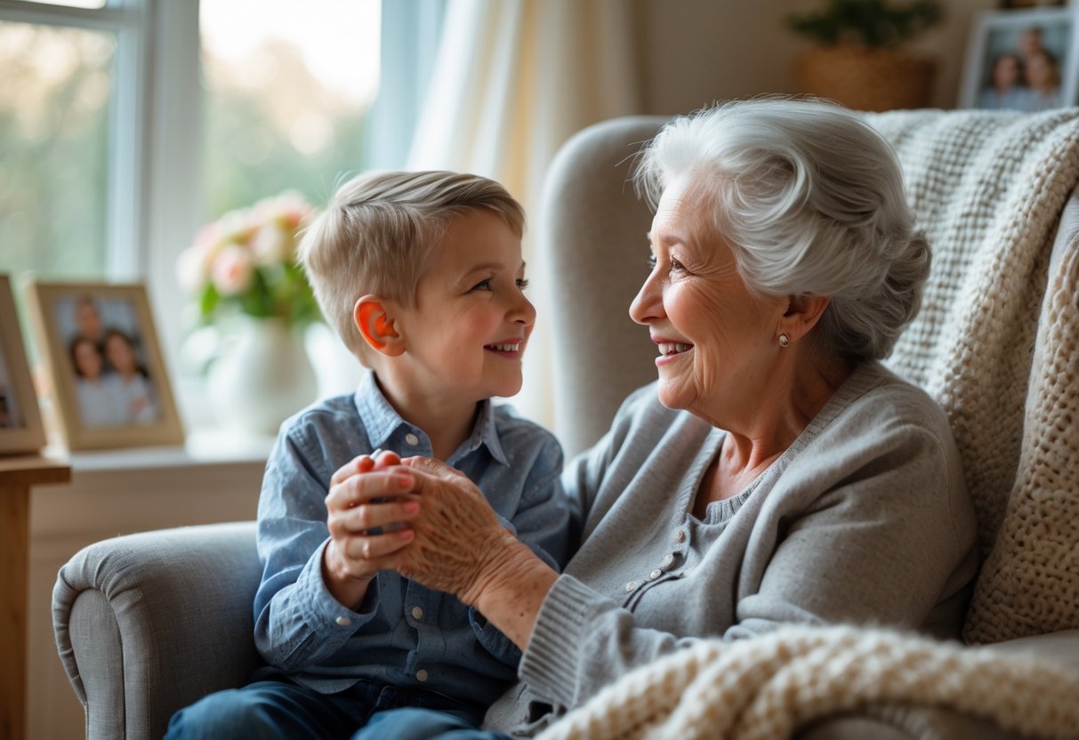 Grandmother holding her young grandson's hands while they share a loving and tender moment in a cozy living room.