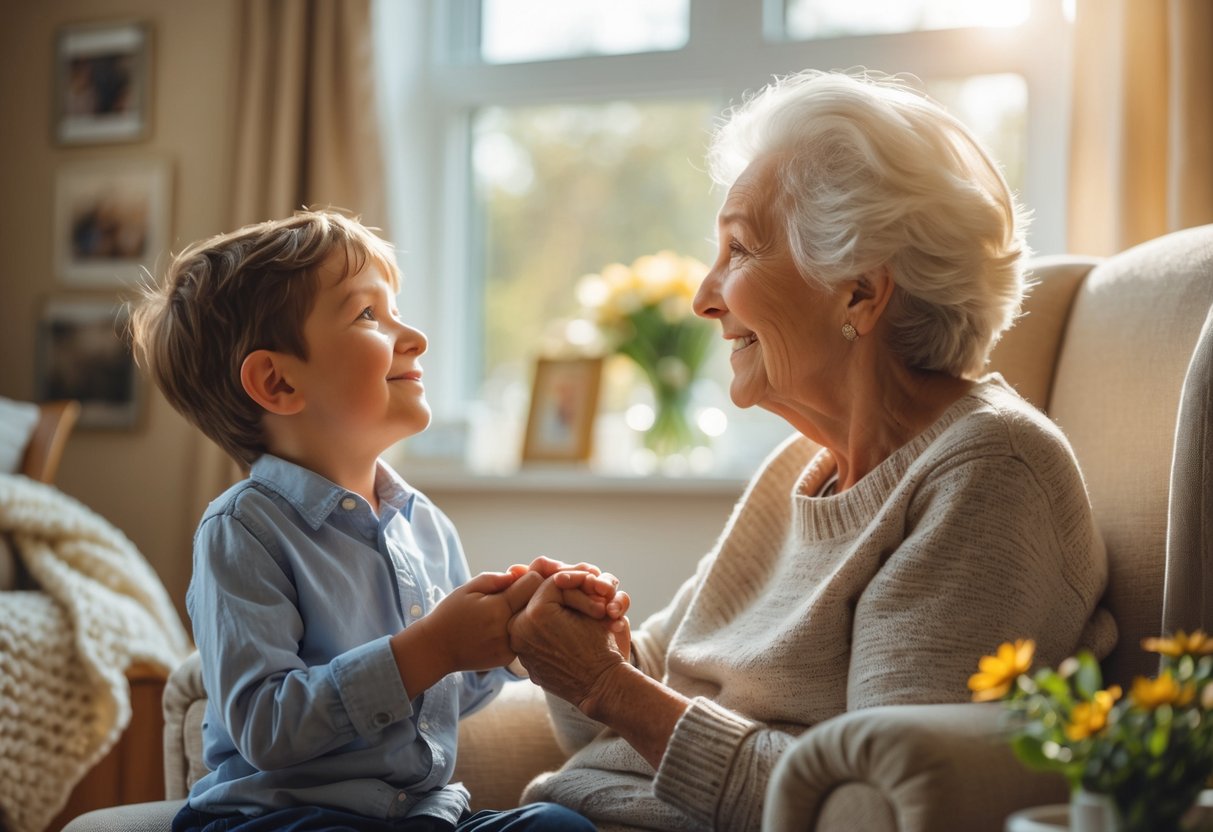 A grandmother and her young grandson sitting together in a cozy room, holding hands and sharing a loving moment.