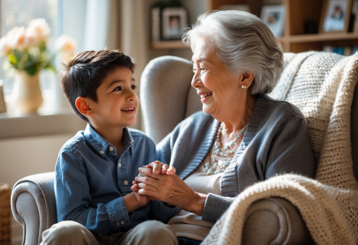 A grandmother and her young grandson share a loving moment together in a cozy living room.