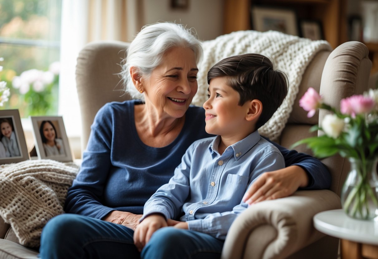A grandmother and her young grandson share a loving moment together in a cozy living room.