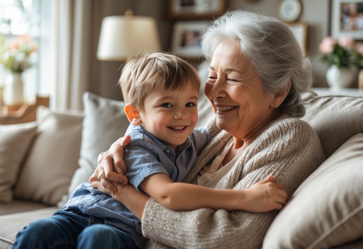A grandmother warmly embracing her young grandson on a sofa in a cozy living room, both smiling happily.