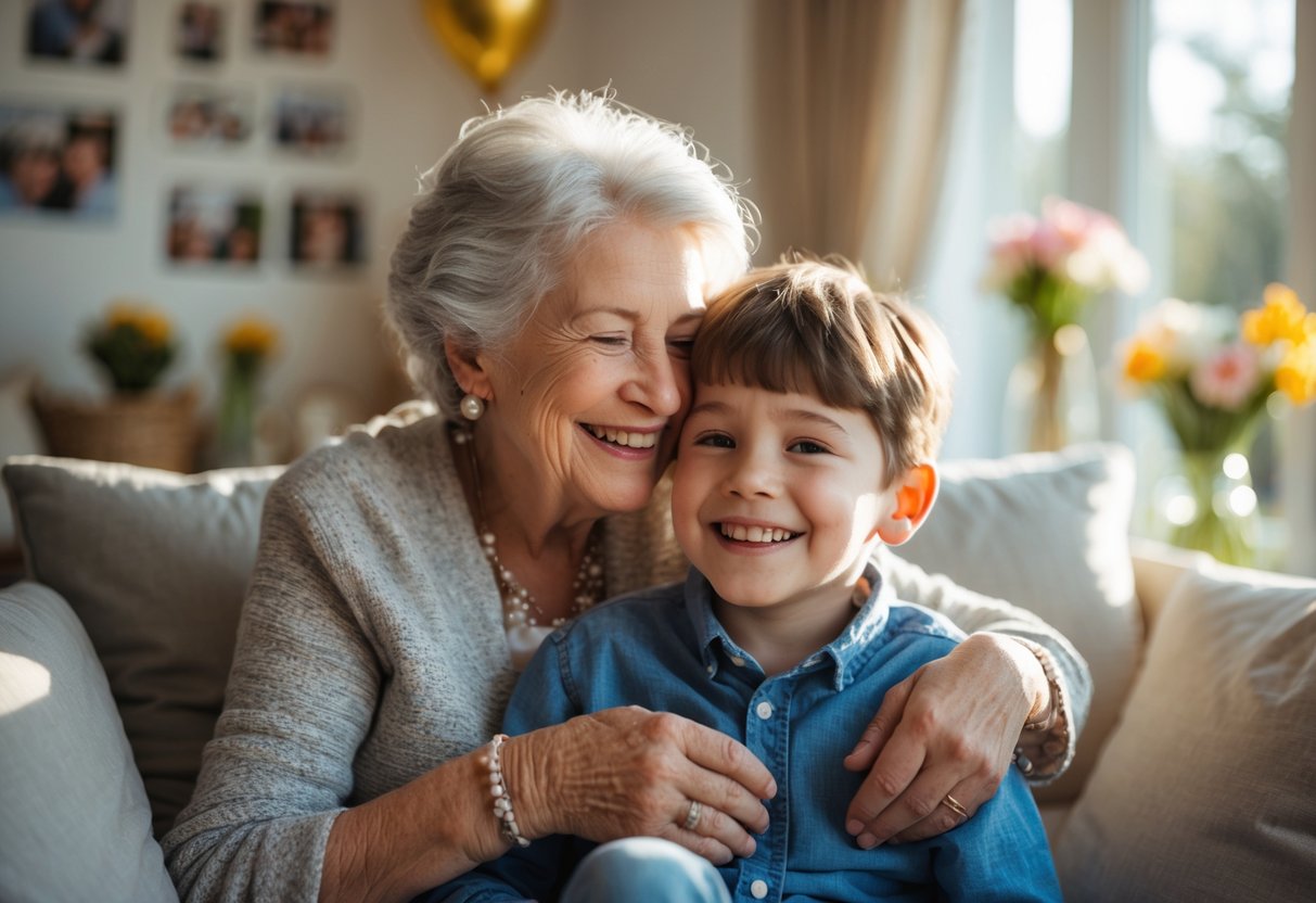 Grandmother warmly embracing her young grandson in a cozy living room filled with soft light and family decorations.