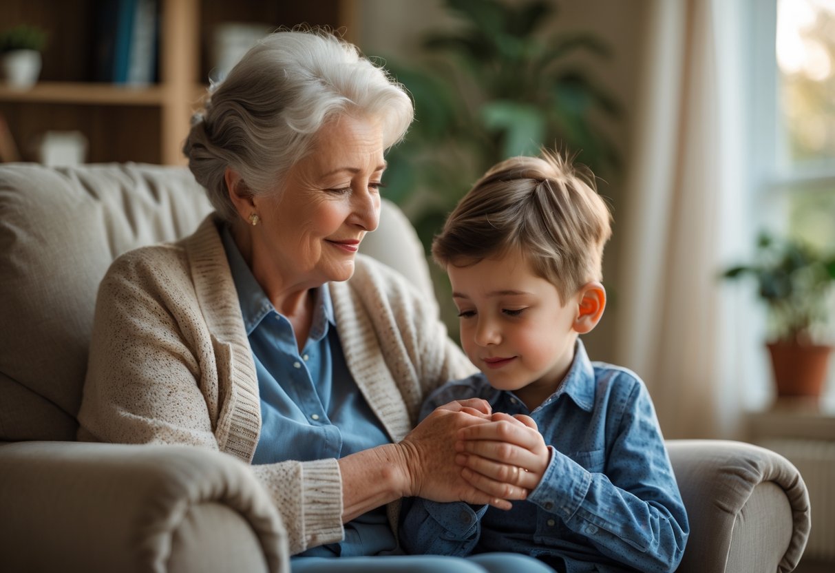 A grandmother and her grandson sitting together, holding hands and sharing a comforting moment.