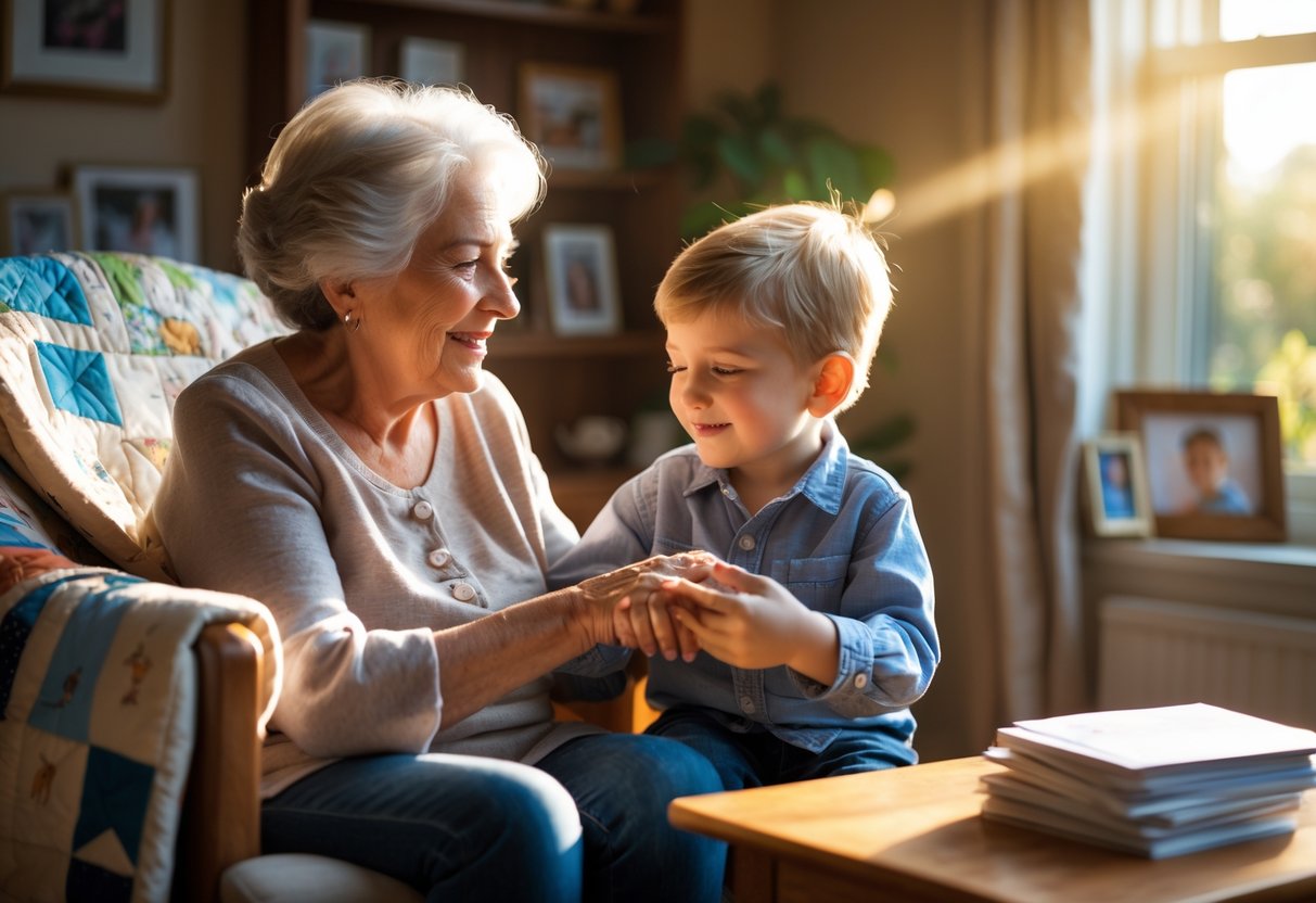 A grandmother and her grandson sitting together in a cozy room, holding hands and sharing a loving moment.