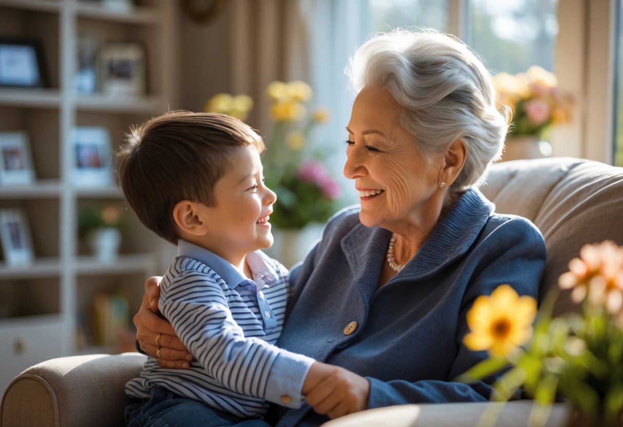 Grandmother lovingly embracing her young grandson in a cozy living room, both smiling warmly.