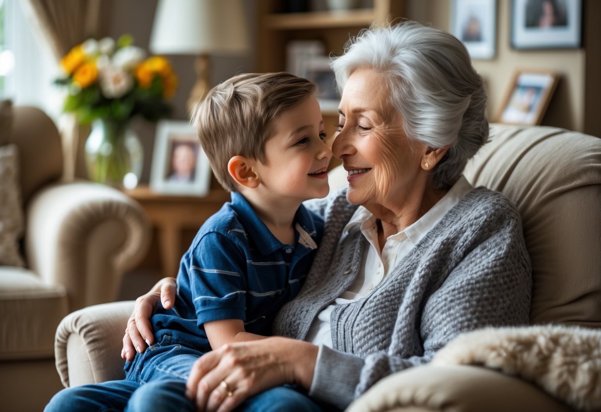 A grandmother and her young grandson sharing a loving and tender moment together in a cozy living room.