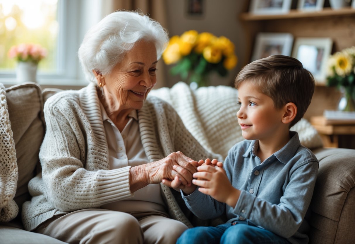 An elderly grandmother and her young grandson sitting together on a couch, holding hands and sharing a loving moment.