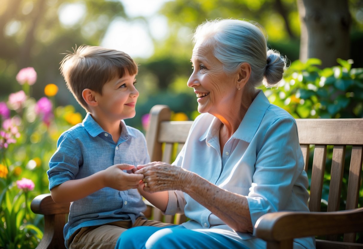 Grandmother and young grandson sitting on a bench in a garden, holding hands and sharing a loving moment.
