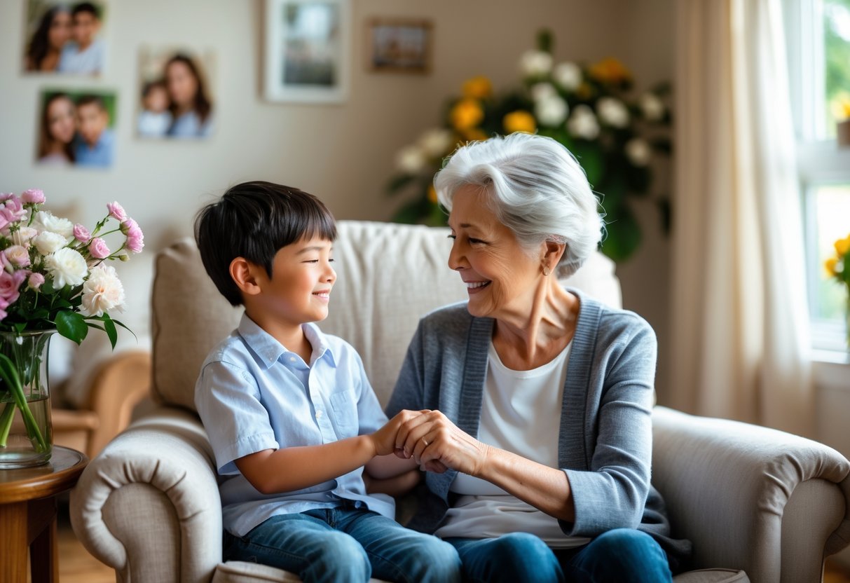 A grandmother and her young grandson sitting together in a cozy living room, holding hands and sharing a warm, loving moment.