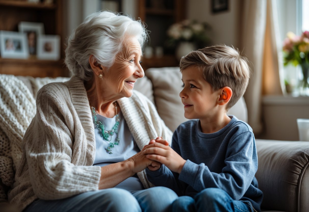 An elderly grandmother and her young grandson sitting together on a sofa, holding hands and sharing a moment of connection.