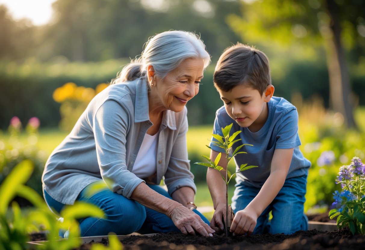 A grandmother and her grandson planting a small tree together outdoors in a garden, sharing a moment of learning and care.