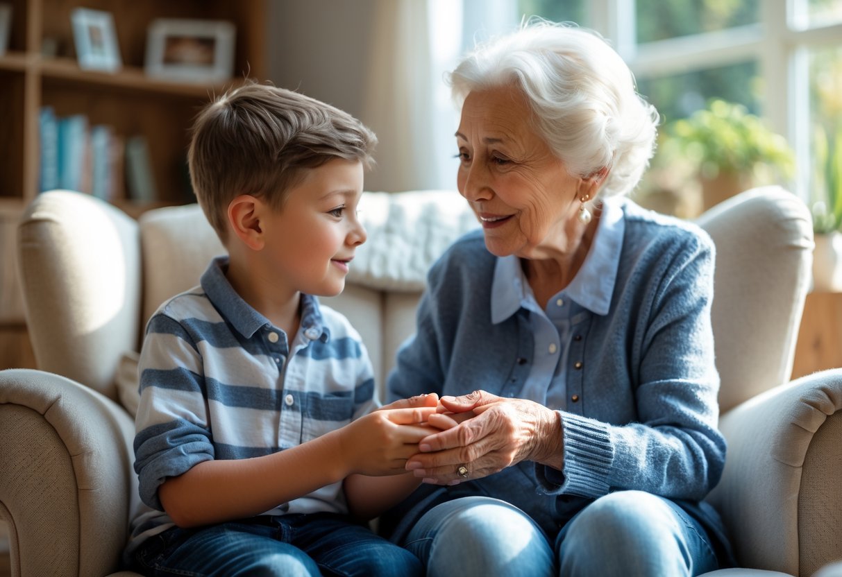 An elderly grandmother gently holding her young grandson's hands as they sit together in a cozy living room, sharing a heartfelt moment.