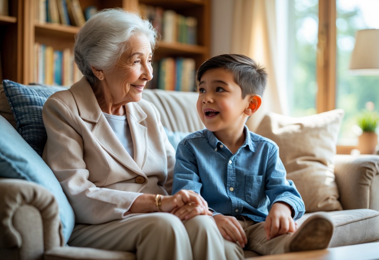 An elderly grandmother attentively listening to her young grandson as they sit together in a cozy living room.