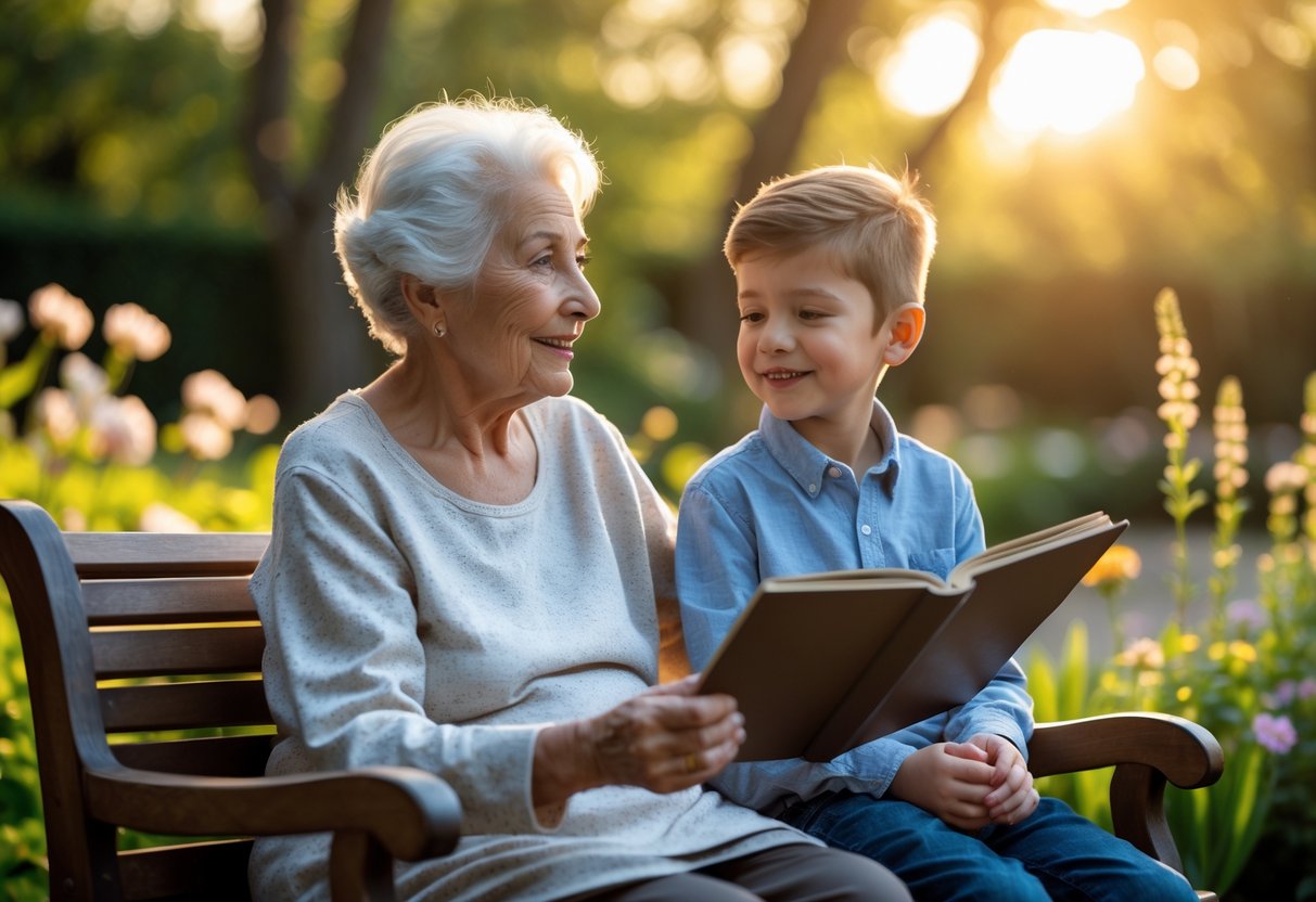 An elderly grandmother and her young grandson sitting together on a bench in a garden, sharing a photo album and enjoying a sunny afternoon.