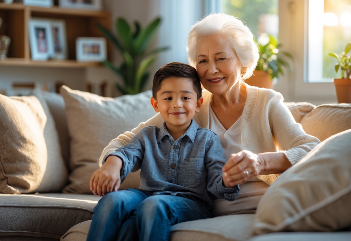 A grandmother and her grandson sitting together on a couch, holding hands and smiling warmly at each other in a cozy living room.