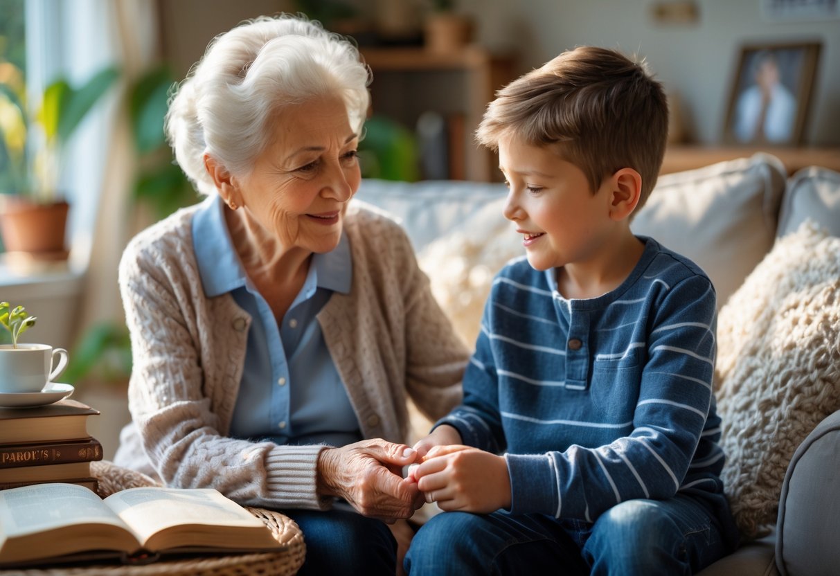 An elderly grandmother and her young grandson sitting together in a cozy living room, sharing a warm and loving moment.