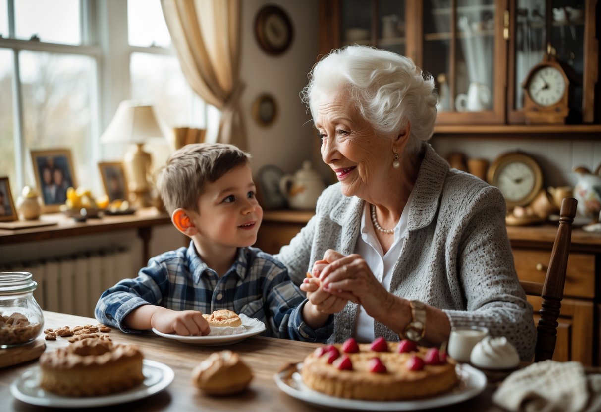Grandmother and grandson sitting at a kitchen table sharing a loving moment surrounded by family heirlooms and baked goods.