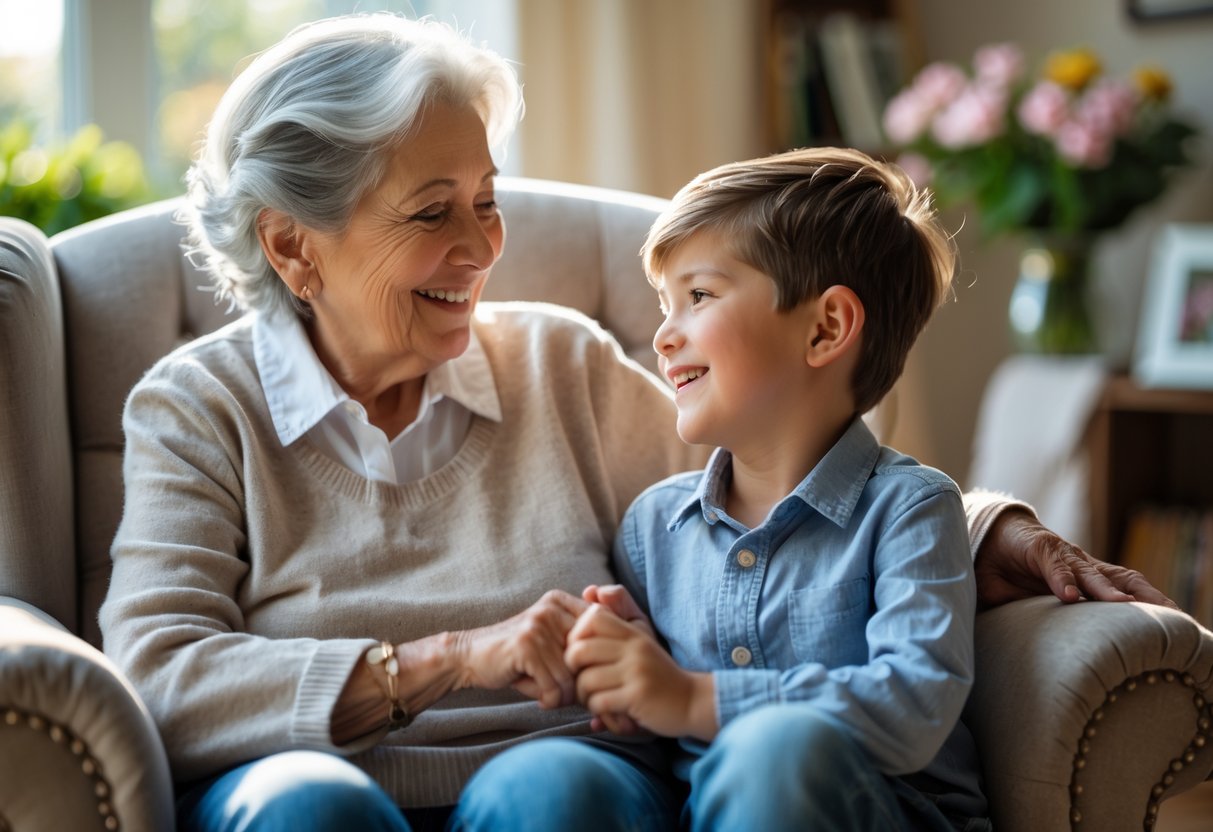 Grandmother and young grandson sharing a joyful moment together in a cozy living room.